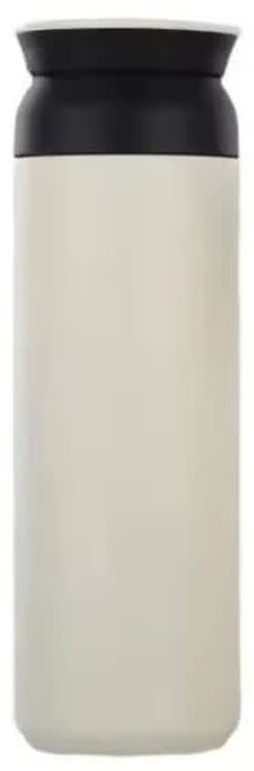 A drink bottle in a sleek, cream colour with a black lid. It features a logo on the surface.