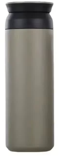A drink bottle in a sleek grey-green colour with a black lid, featuring a simple design and branding.