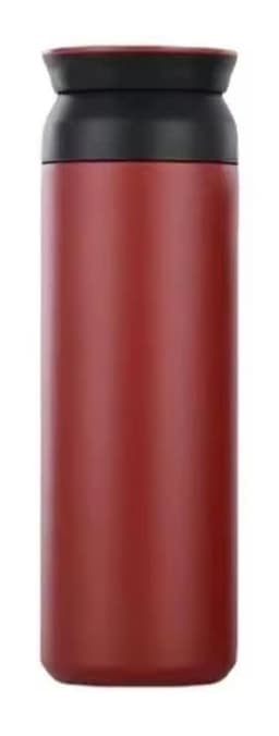 A drink bottle in a matte red finish with a black lid, featuring a simple design and branding on the side.