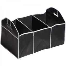 A black expandable boot organiser with three compartments and carrying handles. It features a contrasting white trim.