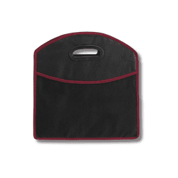 A black expandable boot organiser with burgundy trim and a top handle for easy carrying.