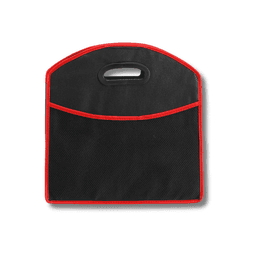 A black expandable boot organizer with red trim and a handle, featuring a front mesh pocket.