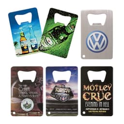 A drink bottle opener featuring various designs in colours like blue, green, and silver, with a logo on one.