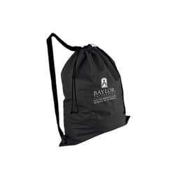 A black non-woven duffel bag with drawstring closure and an over-the-shoulder strap, featuring a logo.