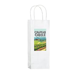 A drink bottle is housed in a white kraft paper wine tote with handles and a logo on the front.
