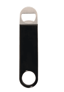 A drink bottle opener with a vinyl wrap in black and a silver metal top, featuring a round keyring hole.