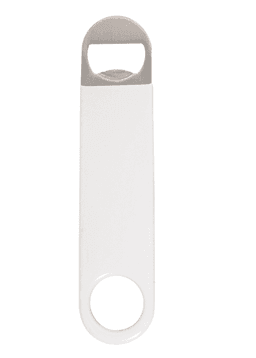 A drink bottle opener in white vinyl wrap with a silver opening end, featuring a circular handle and logo.