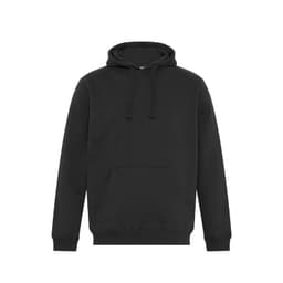 A black hoodie featuring a front pocket and drawstring hood, with a logo on the chest.