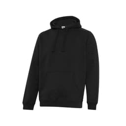 A black hoodie with a front pocket and a logo on the chest, featuring a drawstring hood.