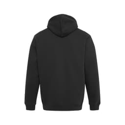 A black hoodie with a spacious hood and ribbed cuffs, featuring a logo on the back.