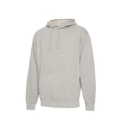A grey hoodie with a front pocket and a drawstring hood. It features a logo on the front.