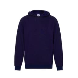 A navy blue hoodie with a front pocket and a drawstring hood. It features a logo.
