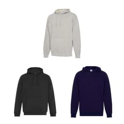 A collection of three hoodies in grey, black, and navy blue, featuring a front pocket and a hood, with a logo on one.