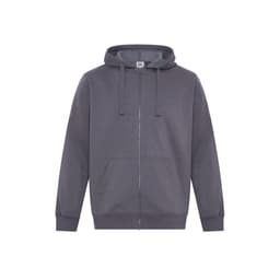 A grey full-zip hoodie featuring a hood and front pockets, with a logo on the tag.
