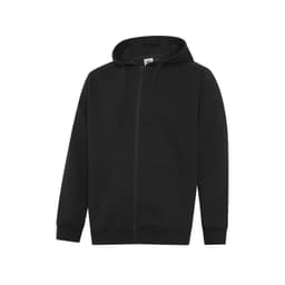 A black full-zip hoodie with a hood and front pockets, featuring a logo on the label.