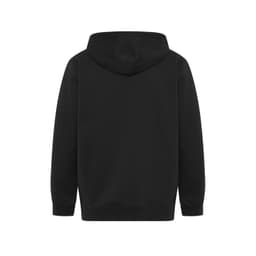 A black full-zip hoodie with a hood and long sleeves, featuring a simple design on the back.
