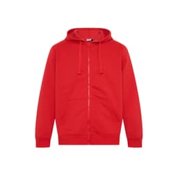 A red full-zip hoodie featuring a hood and front pockets, with a logo on the upper section.