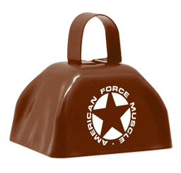 A brown classic cowbell with a handle and a logo featuring a star design.
