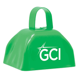 A green classic cow bell with a handle and a logo on one side, suitable for events and exhibitions.
