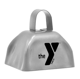 A metallic cow bell with a handle and a black logo. The bell has a smooth, shiny surface.