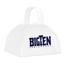 A white classic cowbell featuring a dark blue logo on the front.