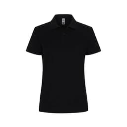 A black women's polo shirt with a collar and a logo on the chest area.