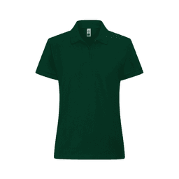 A dark green women's polo shirt with a collar and short sleeves, featuring a logo.