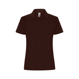 A women's polo shirt in a dark brown colour with a collar and three buttons. Displays a logo on the label.