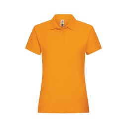 An orange women's polo shirt with a classic collar and short sleeves, featuring a label.