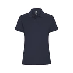 A navy women's polo shirt with a collar, short sleeves, and a logo on the chest.