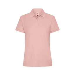 A women's polo shirt in a soft pink colour, featuring a collar and short sleeves. It has a logo on the front.