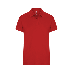 A red women's polo shirt featuring a classic collar and short sleeves, with a logo on the chest.