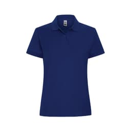 A navy blue women's polo shirt featuring a collar and short sleeves. It has a logo on the chest area.
