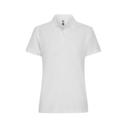 A white women's polo shirt with a classic collar and short sleeves, featuring a branding logo.