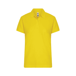 A bright yellow women's polo shirt featuring a collar and short sleeves, with a branding logo.