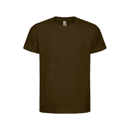A dark olive green kids' essential tee with a classic crew neck and short sleeves. The shirt features a brand logo.