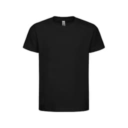 A black t-shirt with a crew neck and short sleeves, featuring a branded label.