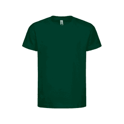 A dark green kids' t-shirt displayed flat. The shirt features a logo on the upper centre.