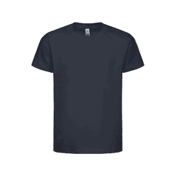 A navy blue kids' essential t-shirt with a round neck and short sleeves, featuring a logo.
