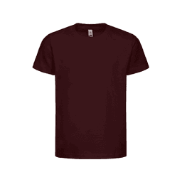 A burgundy kids' t-shirt with a crew neck and short sleeves. It features a logo.