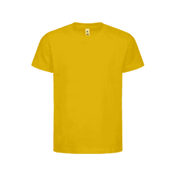 A yellow kids’ t-shirt with short sleeves and a round neck. It features a logo on the front.