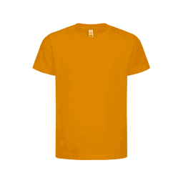 A bright yellow kids' t-shirt in a standard short-sleeve style, featuring a logo on the label.