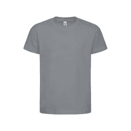 A grey kids' T-shirt with a classic crew neck and short sleeves, featuring a logo on the label.