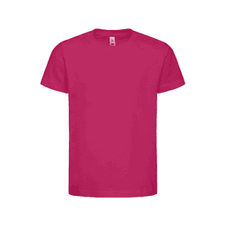 A pink t-shirt with short sleeves and a round neckline, featuring a logo on the label.