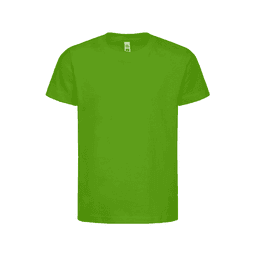 A bright green children's T-shirt with short sleeves, featuring a simple design and a branded label.