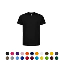 A black kids' t-shirt with a crew neck, featuring a range of colour options below. Includes a logo.