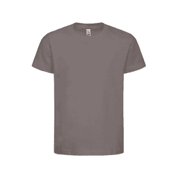 A grey kids' essential T-shirt featuring short sleeves and a simple design, including a logo on the tag.