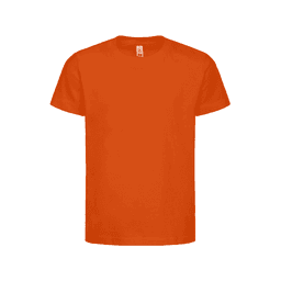 An orange kids' t-shirt with short sleeves, featuring a tag and a plain design.
