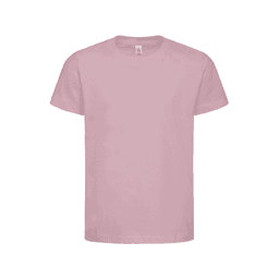 A pink T-shirt with a classic crew neck and short sleeves. The shirt features a logo.
