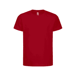 A red short-sleeved T-shirt featuring a logo on the front.